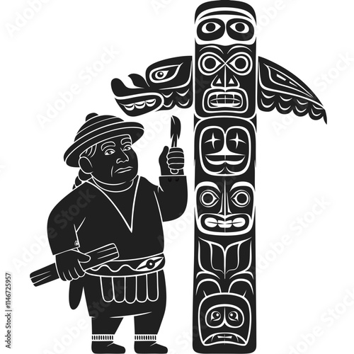 Indigenous Artist Carving Traditional Totem Pole Vector Illustration for Cultural Education