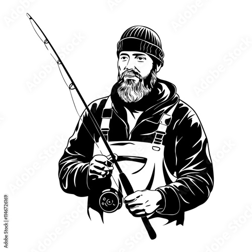  Bearded Fisherman Holding Fishing Rod in Winter Clothing Vector Illustration