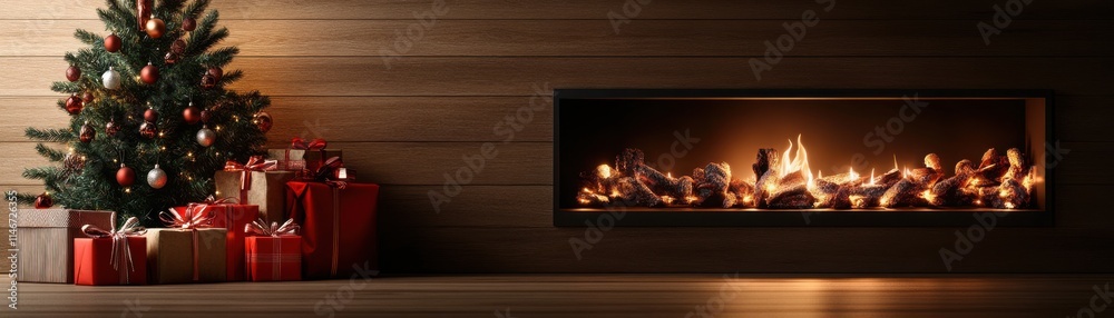 A cozy holiday scene featuring a decorated Christmas tree, colorful presents, and a warm, glowing fireplace. A cozy holiday scene featuring a decorated Christmas tree, colorful presents, and a warm, glowing fireplace.