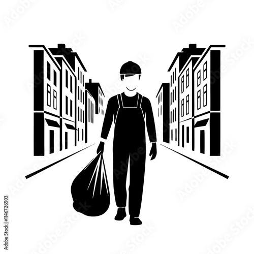  Urban Street Worker Silhouette with Garbage Bag Vector Art