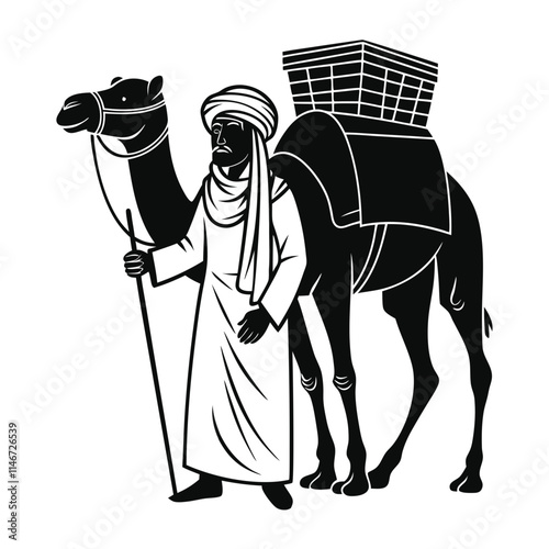  Traditional Nomadic Trader with Camel Caravan Illustration Vector Art