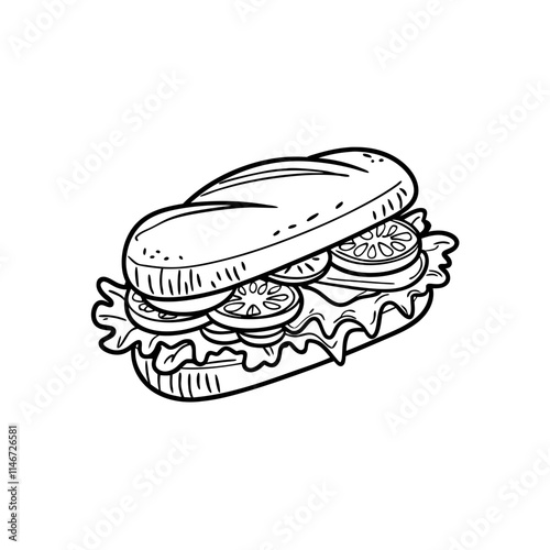  Illustrated Vector Sandwich with Lettuce Tomato on Baguette Drawing