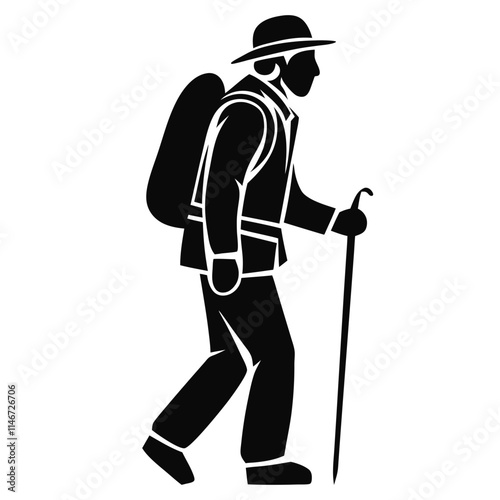  Hiking Adventurer Silhouette with Backpack and Walking Stick Vector Illustration