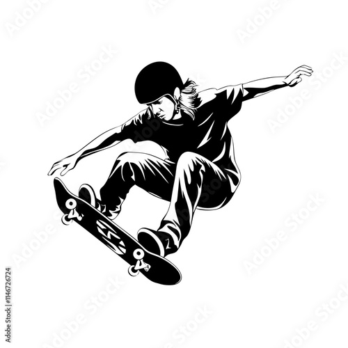  Dynamic Skateboarder Performing Stunt in Mid-Air Vector Illustration
