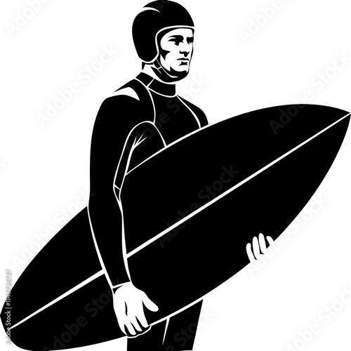  Surfer Holding Surfboard in Wetsuit and Helmet Vector Illustration