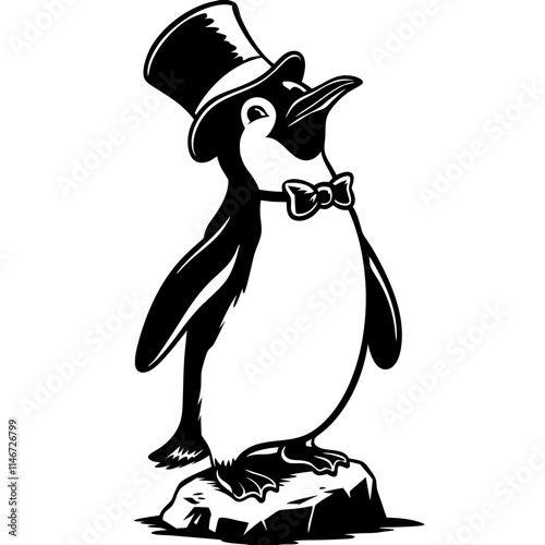  Penguin in Tuxedo Hat and Bow Tie on Rock Vector Illustration