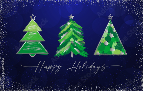 Happy Holidays greeting card design. Season's greetings social media time line srories concept with set of artistic brushing strokes style X mas trees. Merry Christmas and A Happy New Year postcard.