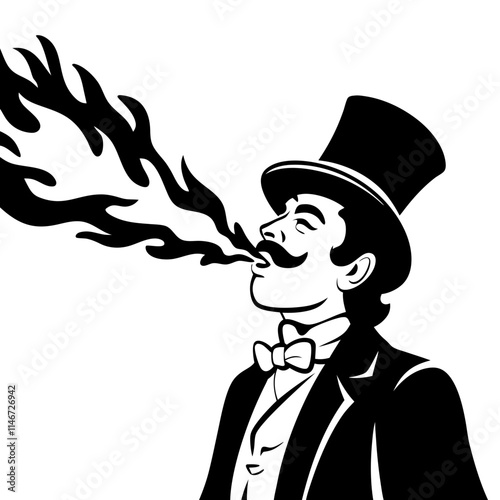  Vintage Circus Performer Fire Breather Vector Illustration