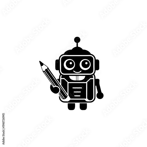  Vector Illustration of Smiling Robot Holding Pencil for Creative Design Concepts