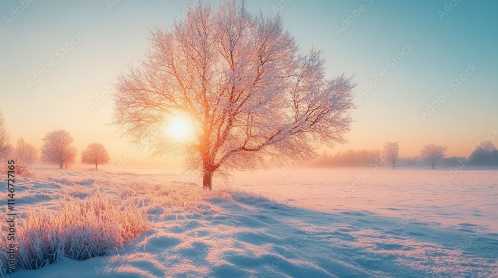 Frosty sunrise over snow-covered field with trees. Frosty sunrise over snow-covered field with trees.