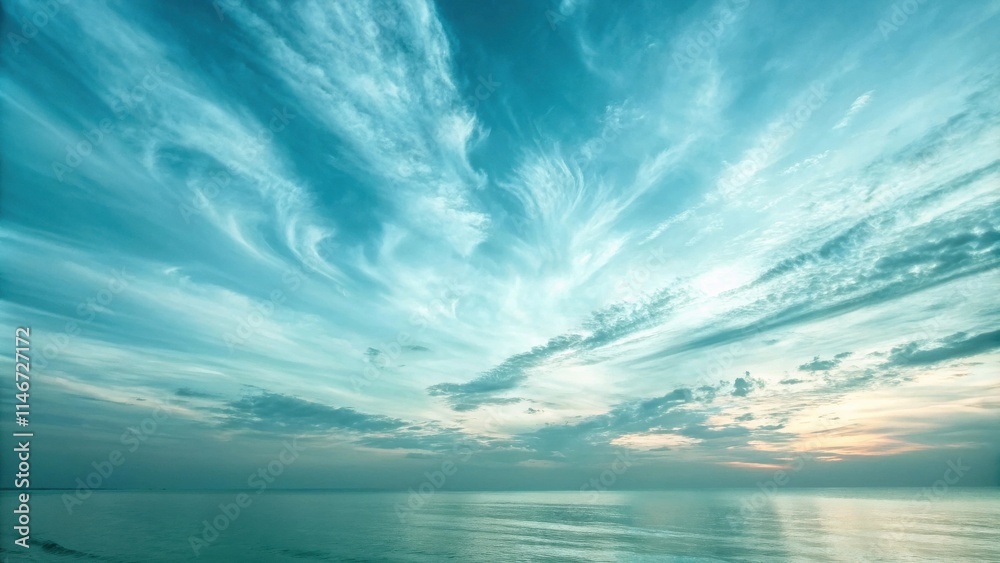 Obraz premium A mesmerizing seascape with a vibrant turquoise sky adorned with delicate, swirling clouds, reflecting a tranquil, ethereal atmosphere.