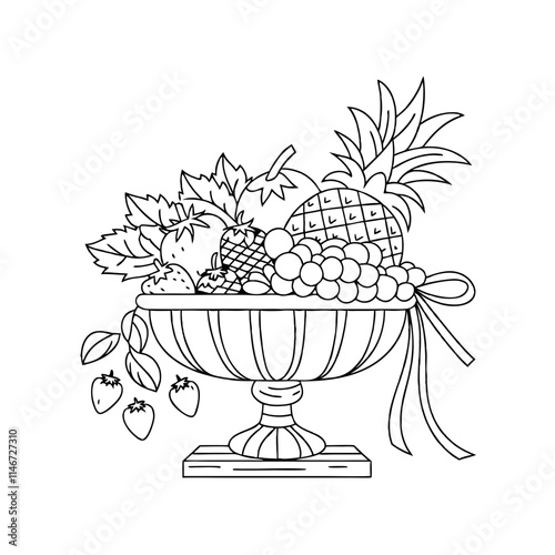  Elegant Fruit Bowl Illustration Featuring Pineapple Grapes and Berries Vector Art