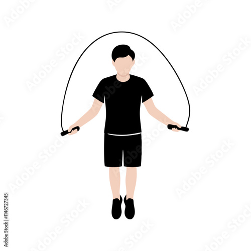  Jump Rope Exercise Young Man in Black Fitness Attire Vector Illustration