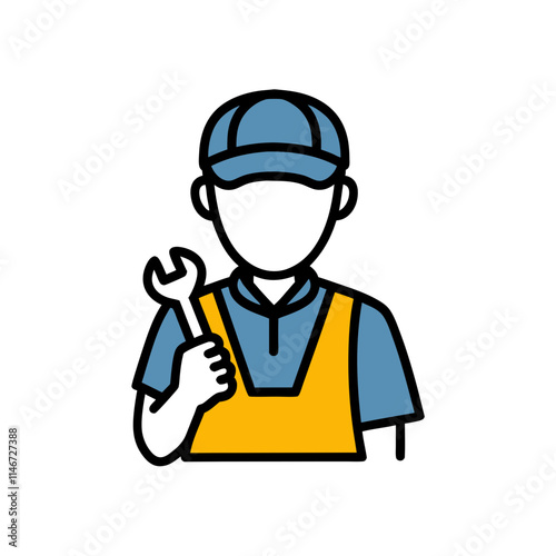  Vector Illustration Handyman Holding Wrench Worker in Yellow Vest and Cap