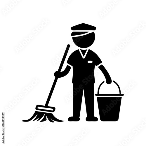  Janitor with Mop and Bucket Representing Cleaning Services Vector Illustration