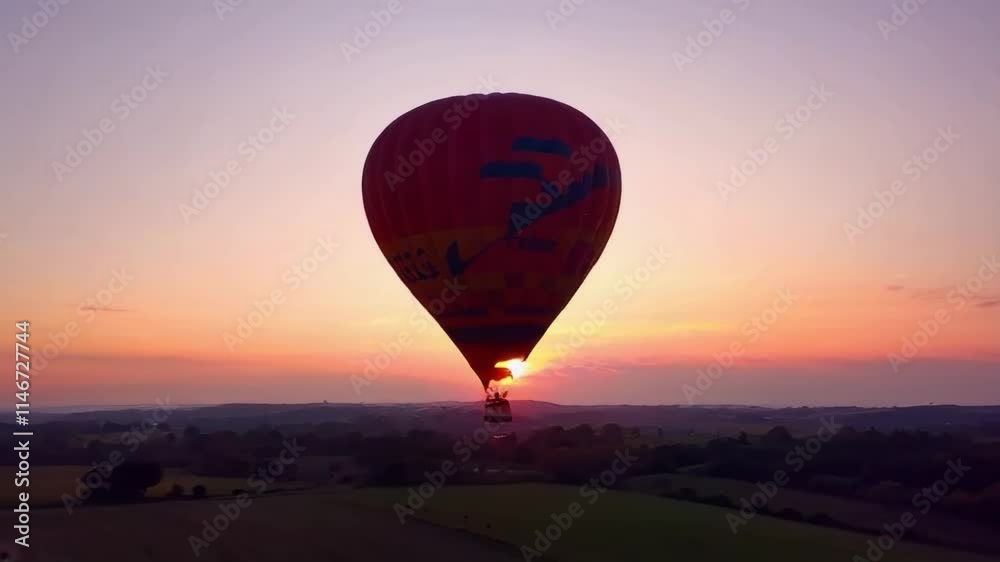 A hot air balloon is floating in the sky above a beautiful sunset. The balloon is red and yellow, and it is the only object in the scene. The sky is filled with warm colors, creating a serene A hot air balloon is floating in the sky above a beautiful sunset. The balloon is red and yellow, and it is the only object in the scene. The sky is filled with warm colors, creating a serene