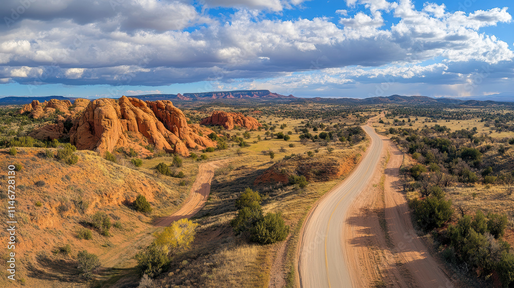 panoramic view of winding dirt road stretching through desert landscape with red rock formations, sparse vegetation, and dramatic cloudy sky panoramic view of winding dirt road stretching through desert landscape with red rock formations, sparse vegetation, and dramatic cloudy sky