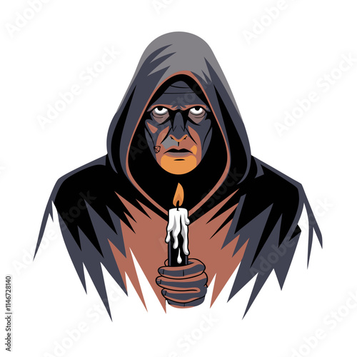  Hooded Mysterious Figure Holding Candle with Melting Wax Vector Art