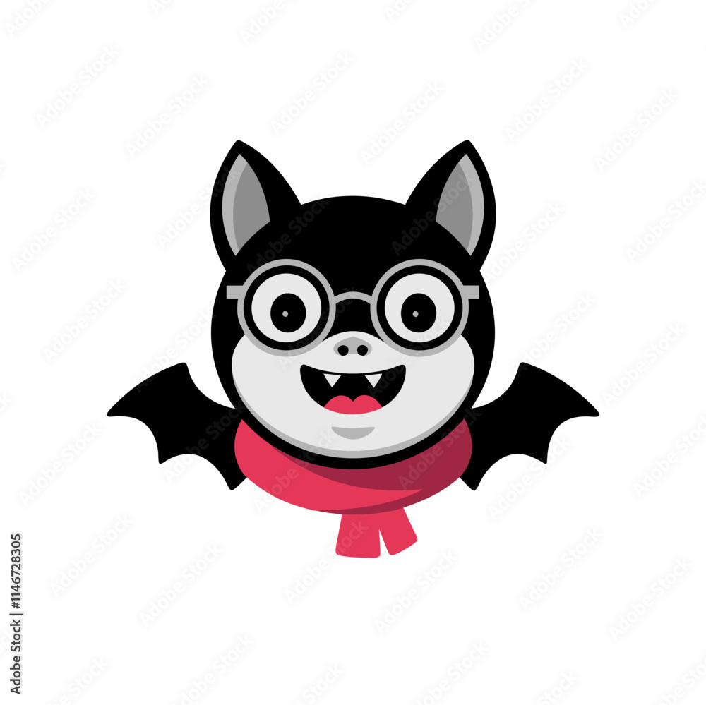 Cute Cartoon Bat with Glasses and Red Scarf Vector Illustration Cute Cartoon Bat with Glasses and Red Scarf Vector Illustration