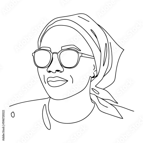  Minimalist Line Art Portrait of Woman with Sunglasses and Headscarf