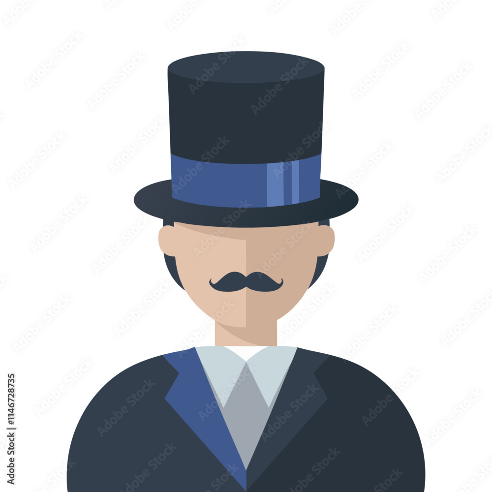  Classic Victorian Gentleman with Mustache in Top Hat and Suit Vector Illustration
