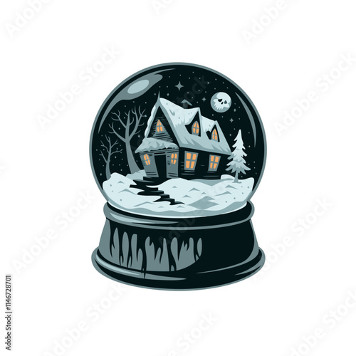  Winter Snow Globe with Cozy House and Moonlit Night Scene Vector Illustration