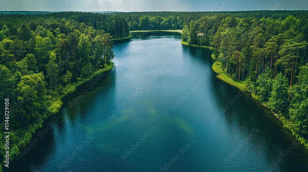 Serene aerial view of a winding river surrounded by lush green forests under a clear sky. Serene aerial view of a winding river surrounded by lush green forests under a clear sky.