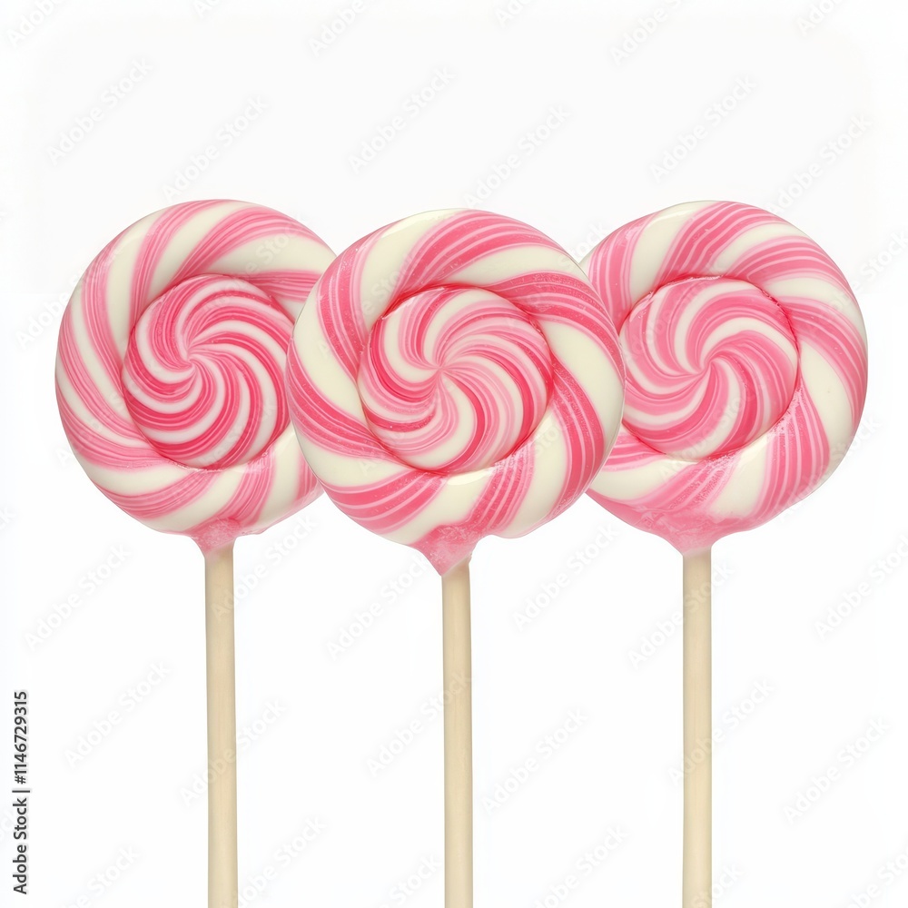 Three swirled pink and white lollipops on sticks, showcasing a playful and colorful candy design. Three swirled pink and white lollipops on sticks, showcasing a playful and colorful candy design.