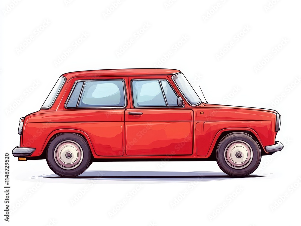 A vibrant red car illustrated in a side view, showcasing its compact design and classic features. A vibrant red car illustrated in a side view, showcasing its compact design and classic features.