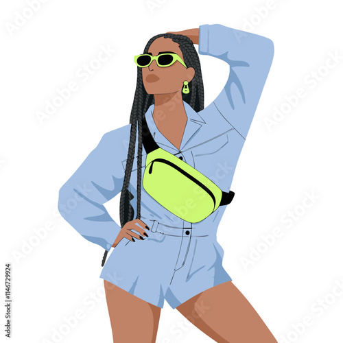  Fashionable Woman with Braids in Stylish Denim Outfit and Neon Accessories