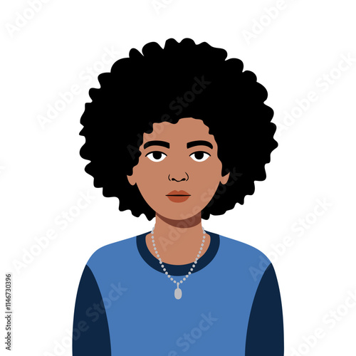  Vector Illustration Confident Woman with Curly Hair Wearing Blue Sweater and Necklace