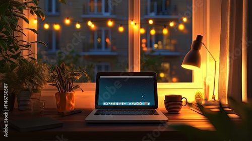 Cozy home office at night, laptop on desk with plants, lights, and mug.