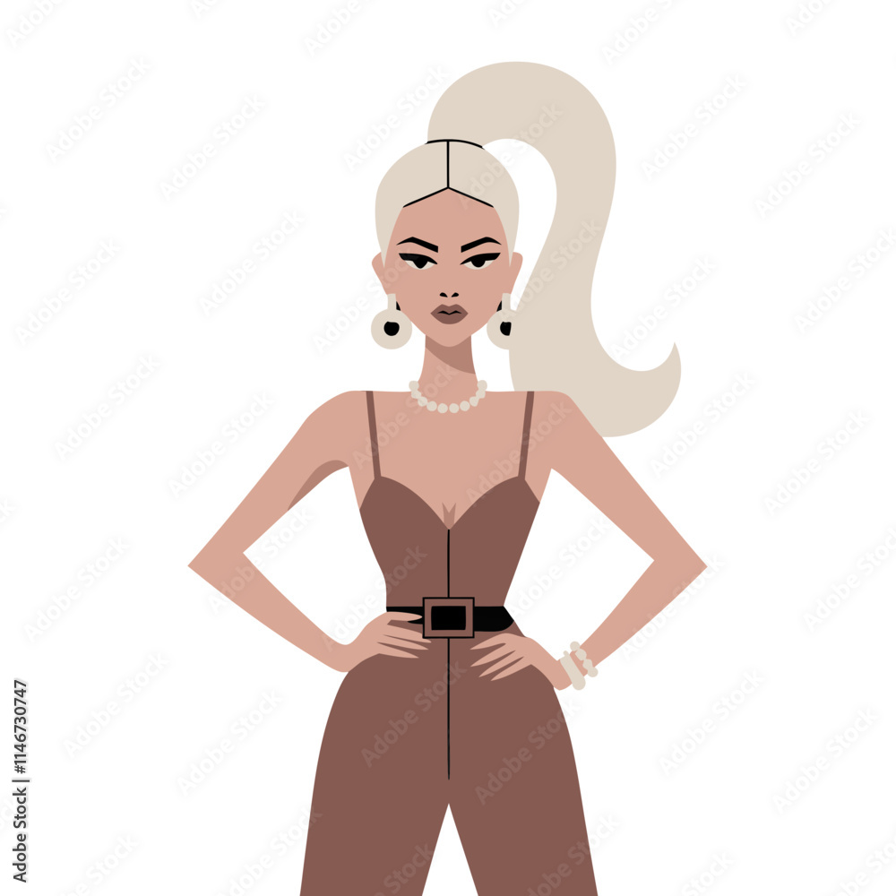 Fashionable Woman with Blonde Ponytail in Trendy Brown Outfit Vector Illustration Fashionable Woman with Blonde Ponytail in Trendy Brown Outfit Vector Illustration