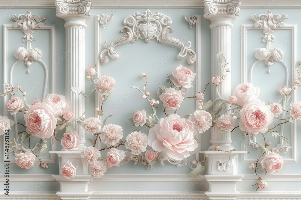 Elegant wall decor featuring intricately detailed floral designs in soft pink tones against a light blue background, This image is ideal for interior design, wedding invitations, or romantic themes, Elegant wall decor featuring intricately detailed floral designs in soft pink tones against a light blue background, This image is ideal for interior design, wedding invitations, or romantic themes,