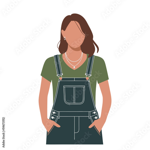  Casual Fashion Woman in Overalls and Green Shirt Minimalistic Vector Illustration