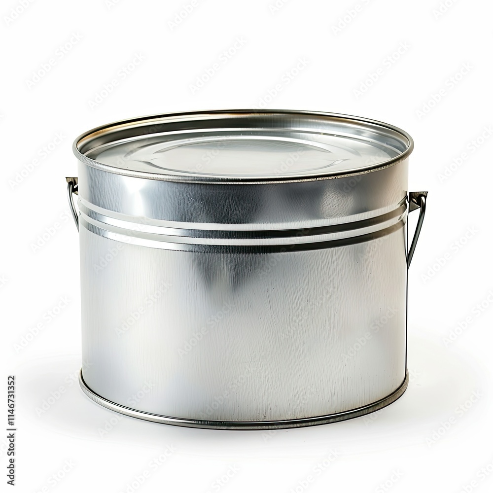 A shiny metal container with a lid, often used for storage or transportation of various items. isolated on white background A shiny metal container with a lid, often used for storage or transportation of various items. isolated on white background