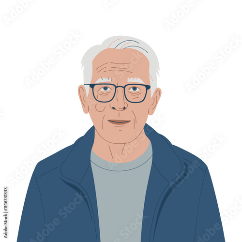  Elderly Man Portrait Vector Art Wearing Glasses and Casual Blue Jacket