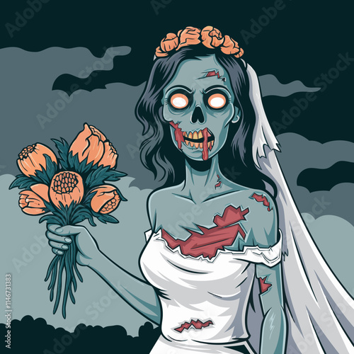  Zombie Bride Holding Bouquet Illustration for Halloween and Horror Themes