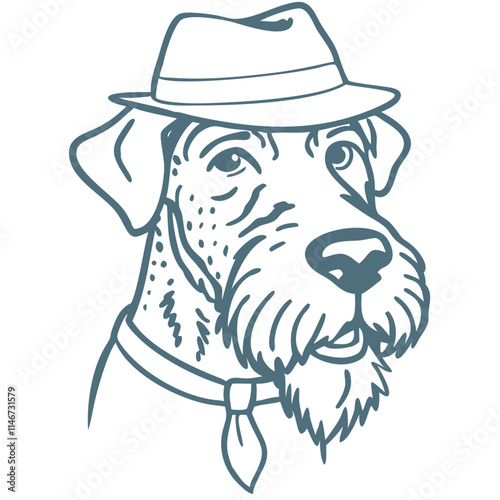  Hand Drawn Bearded Dog in Fedora Hat and Tie Vector Illustration
