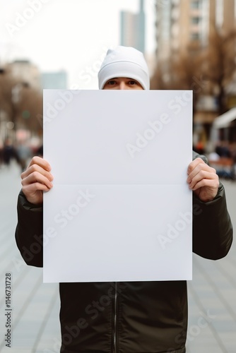 A man holding a blank sign in front of his face Digital image Plackard mockup 