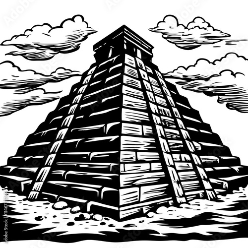  Ancient Mayan Pyramid Illustration with Dramatic Sky in Vector Art Style