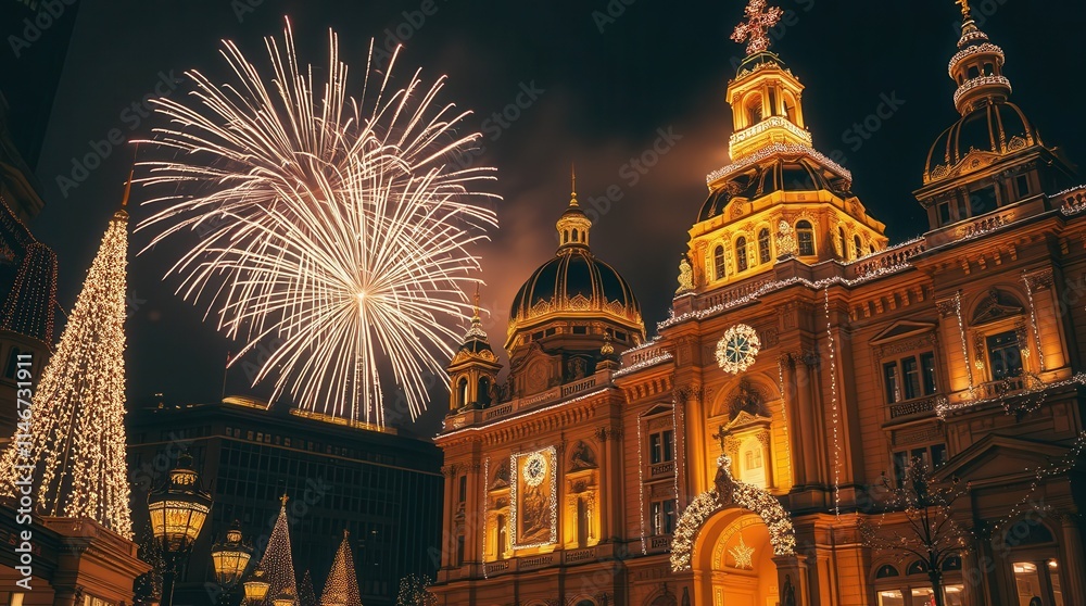 Obraz premium New Year Fireworks Over City with Warm Golden Glow and Architecture