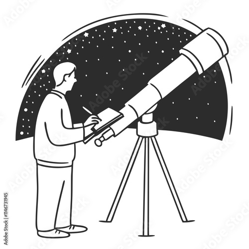 Astronomer Observing Night Sky with Telescope Vector Illustration