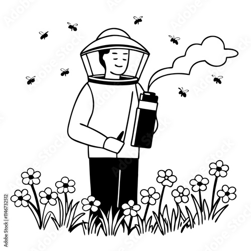 Beekeeper with Smoker in Flower Field Vector Illustration