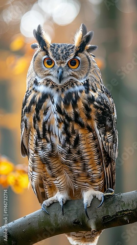 An eagle owl stands majestically on a rock surrounded by greenery, its sharp gaze fixed on the viewer in a forest setting.