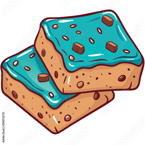  Cartoon Blue Frosted Brownies Chocolate Dessert Illustration for Bakery Design