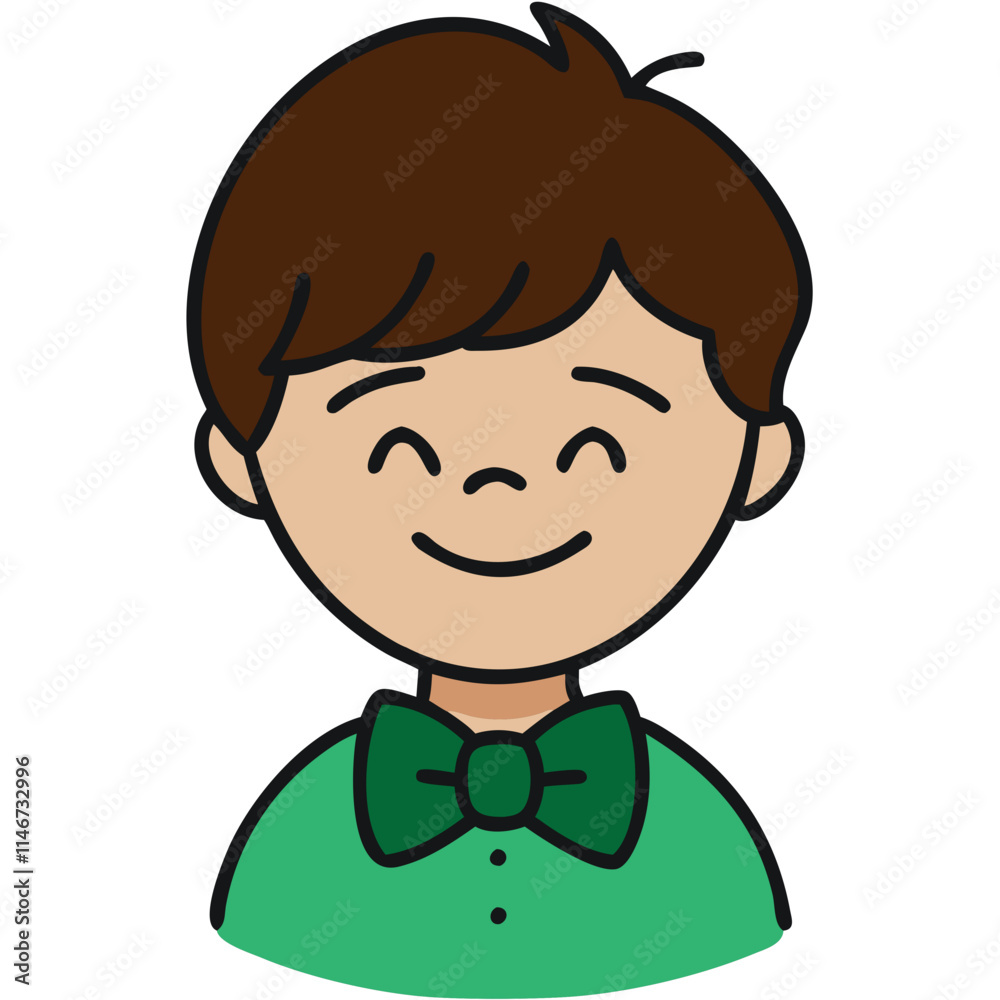 Smiling Boy Cartoon Avatar with Brown Hair and Green Bowtie Vector Illustration Smiling Boy Cartoon Avatar with Brown Hair and Green Bowtie Vector Illustration