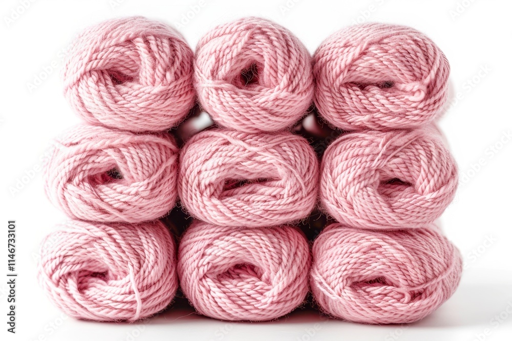 A stack of soft pink yarn balls is neatly organized, showcasing their texture and color, This image is ideal for crafting, fashion design, or home decor projects, A stack of soft pink yarn balls is neatly organized, showcasing their texture and color, This image is ideal for crafting, fashion design, or home decor projects,