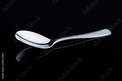 polished silver spoon resting on matte black surface under diffused spotlight photo