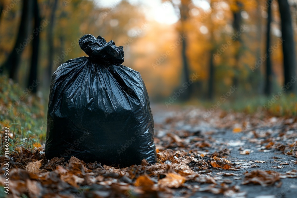 A black garbage bag sits on a path surrounded by autumn leaves and trees.